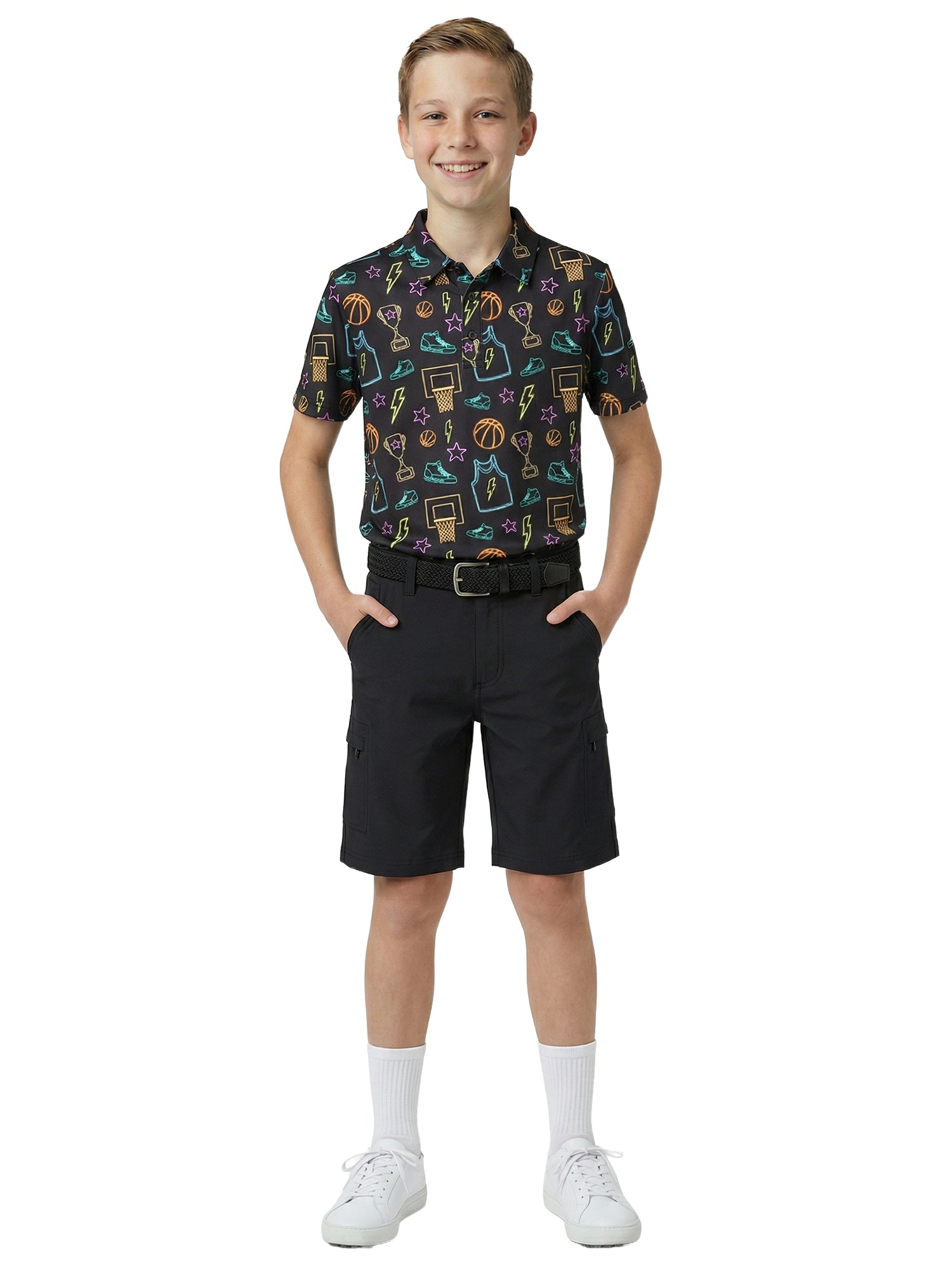Boys G.O.A.T. Polo - Neon Basketball - Black
