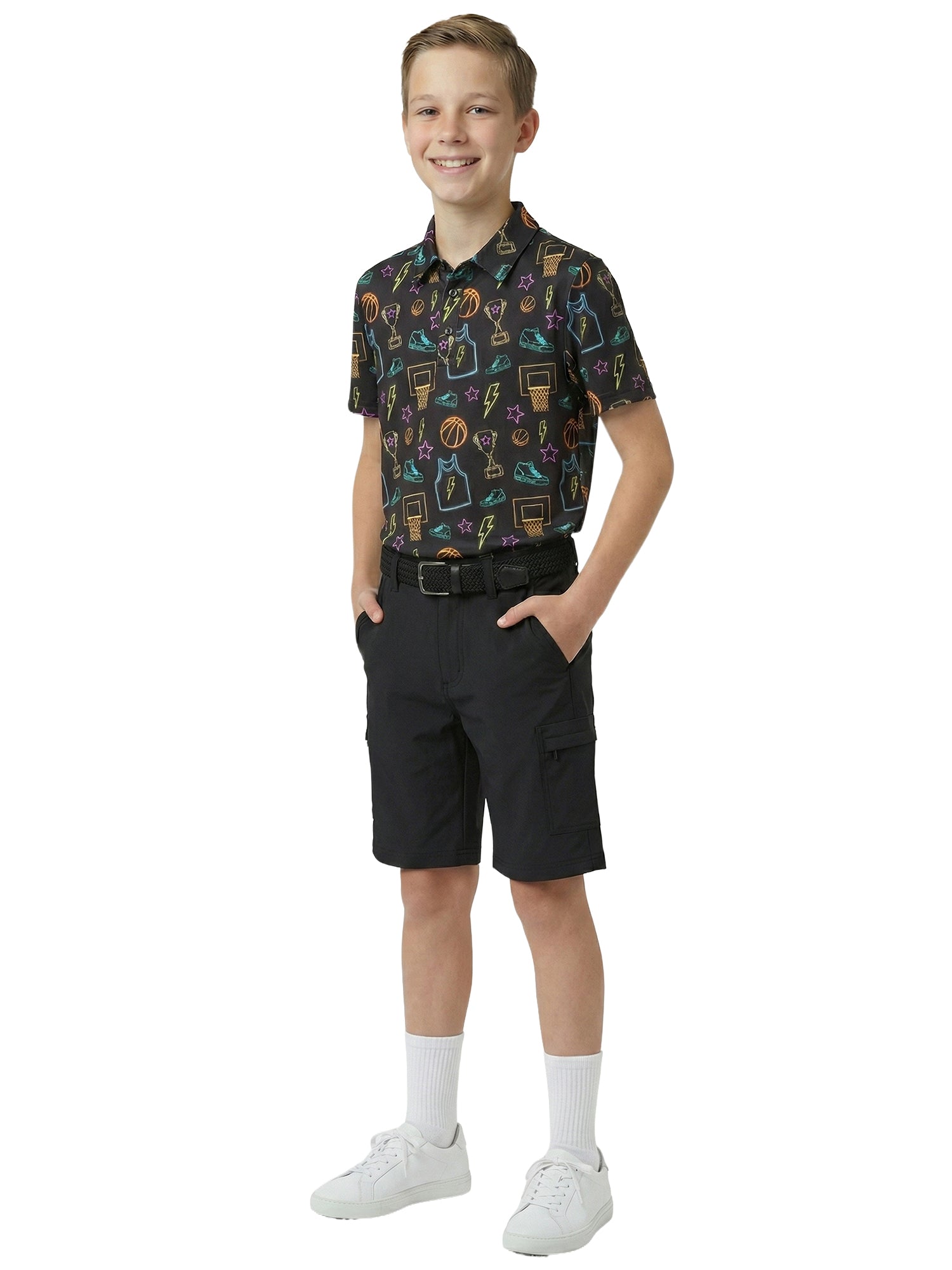 Boys G.O.A.T. Polo - Neon Basketball - Black