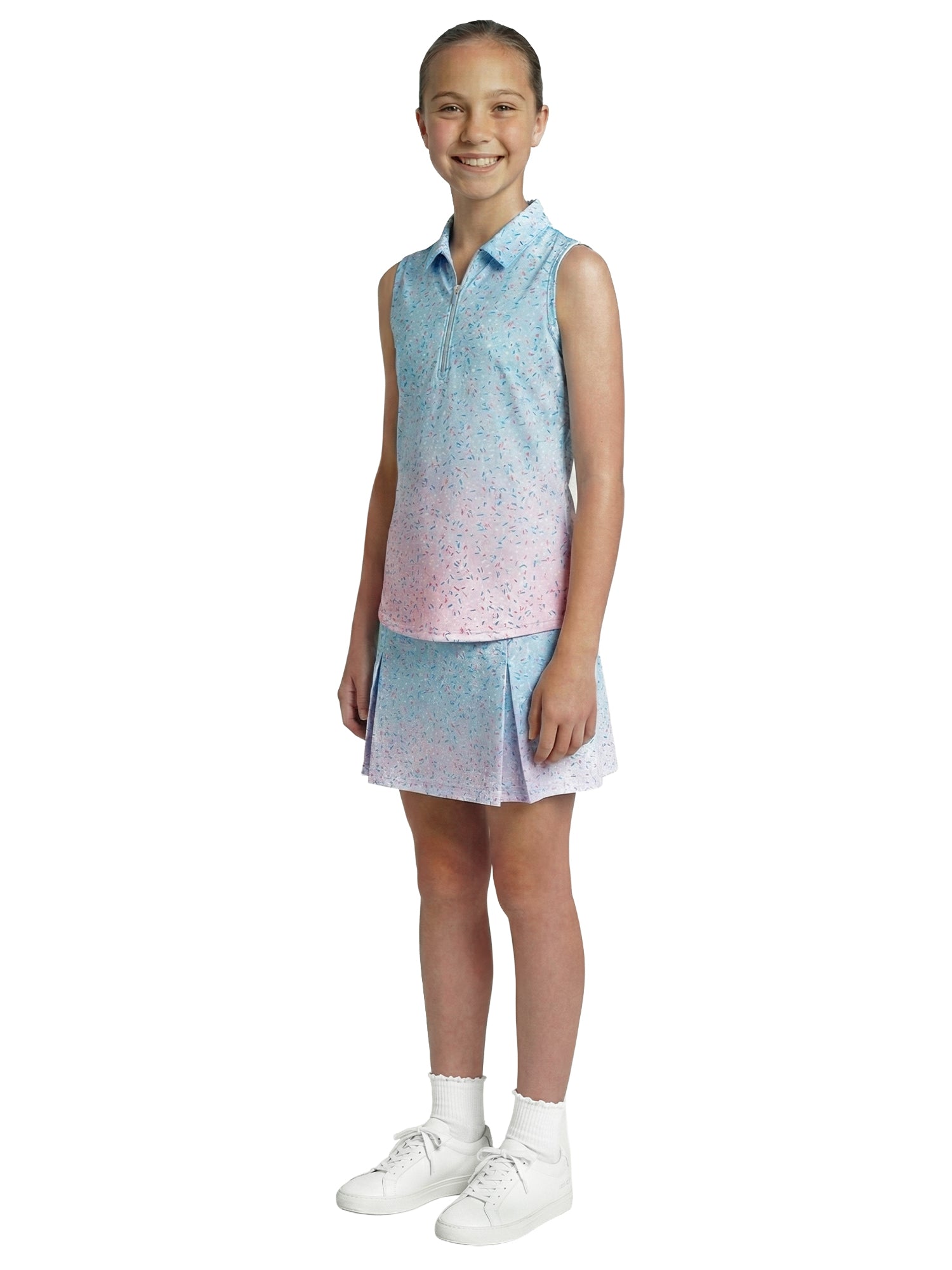 Girls Birdie Polo - Sprinkle Splatter - Bachelor Button/Fuschia Pink