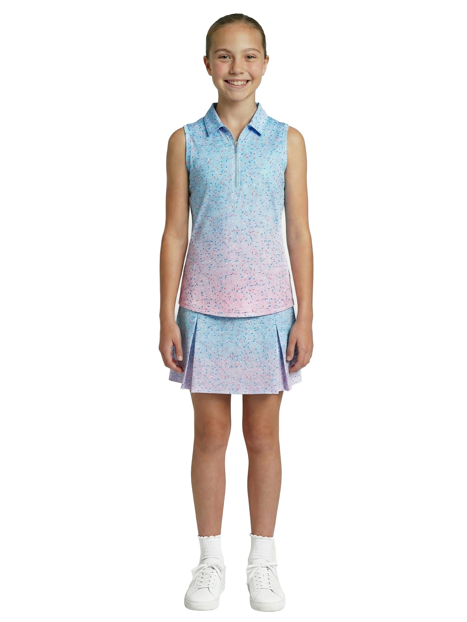 Girls Birdie Polo - Sprinkle Splatter - Bachelor Button/Fuschia Pink