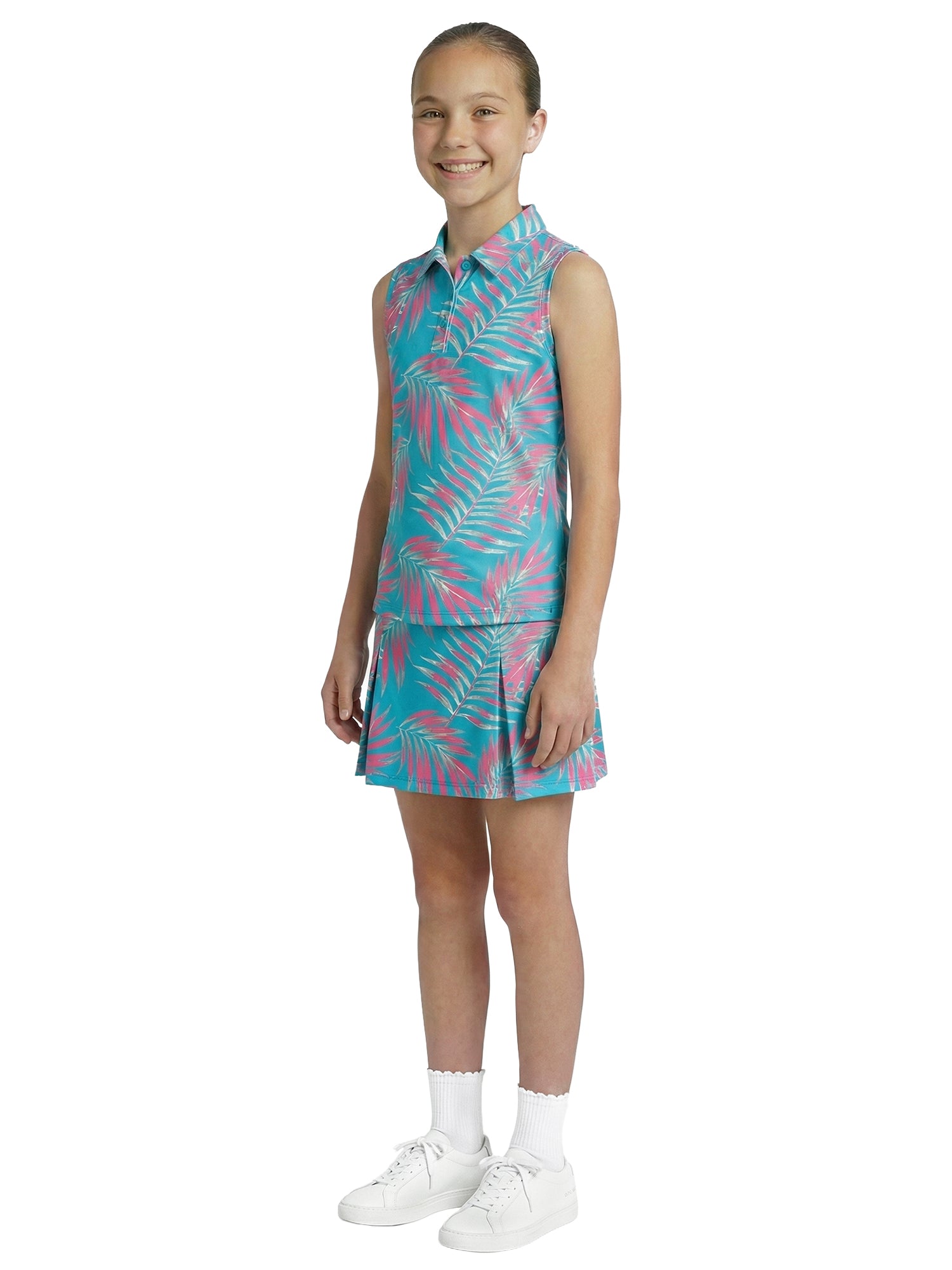 Girls Birdie Polo - Leaves - Bachelor Button