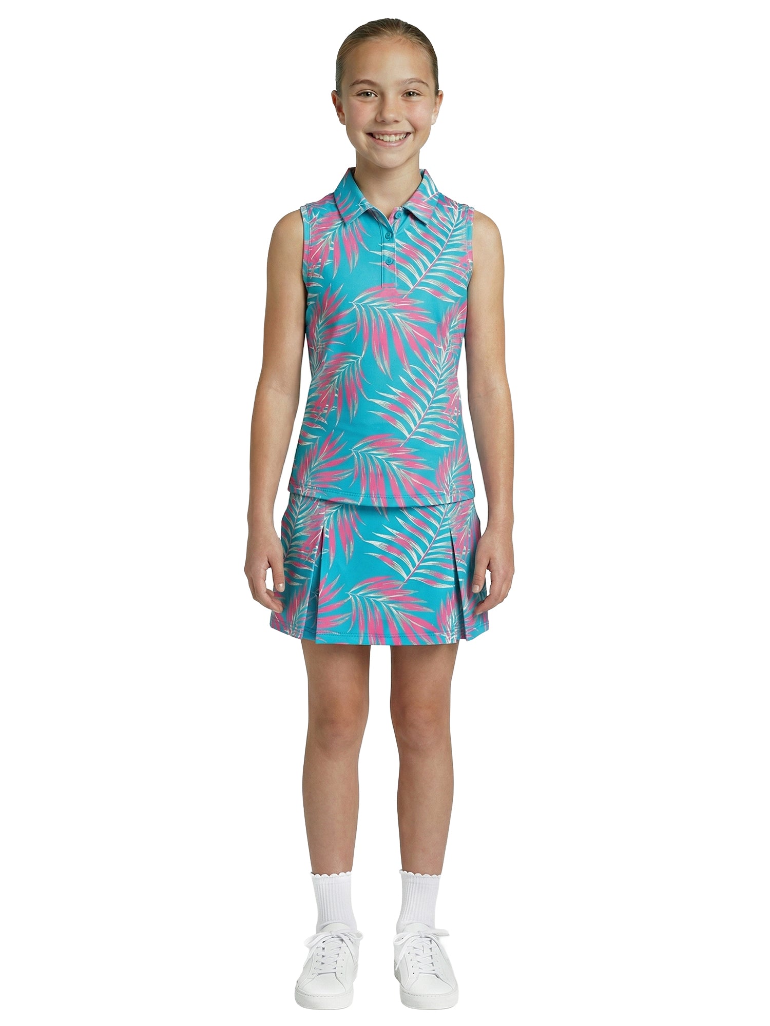 Girls Birdie Polo - Leaves - Bachelor Button