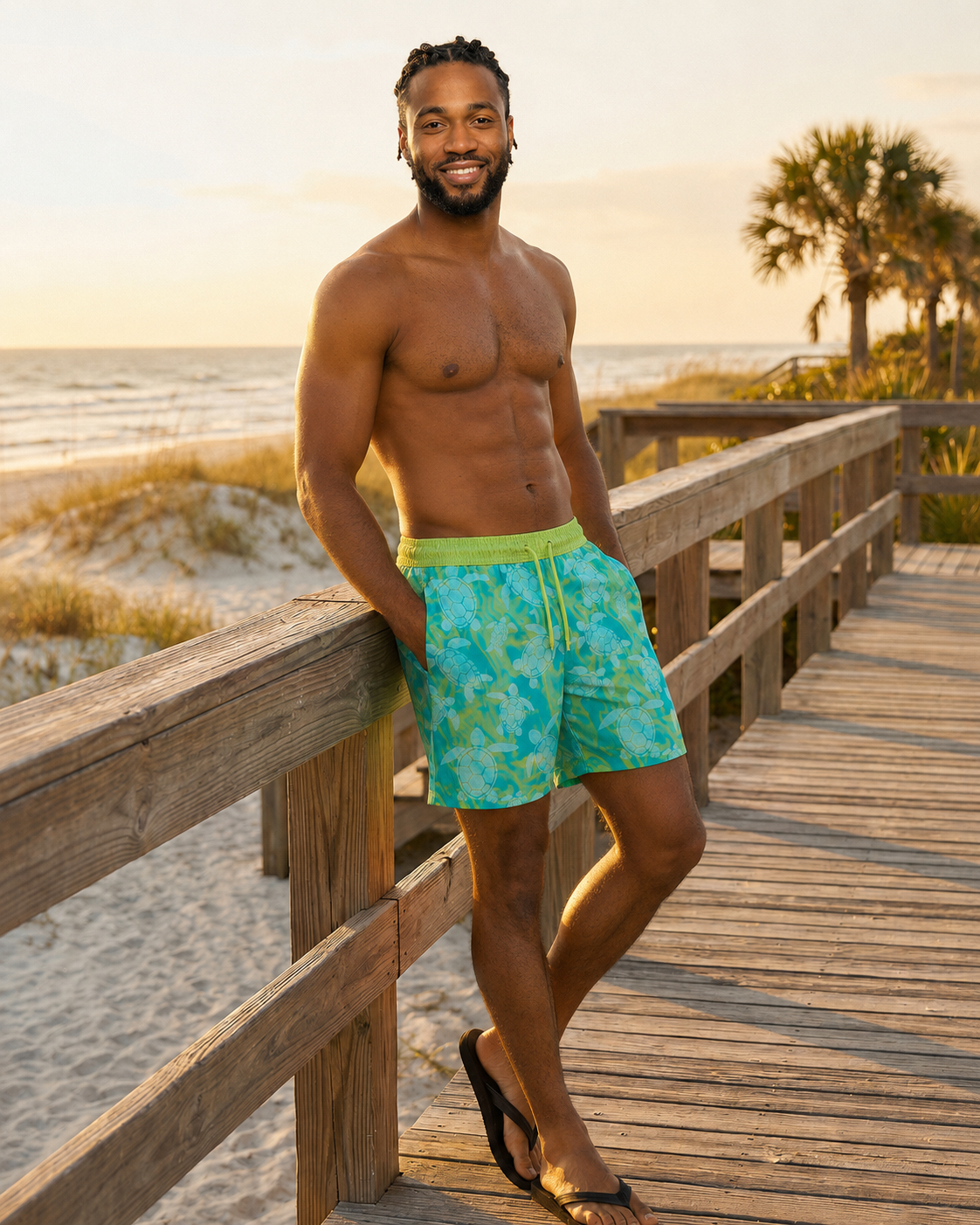 Patrick Swim Short - Swimming Turtles - Sharp Green